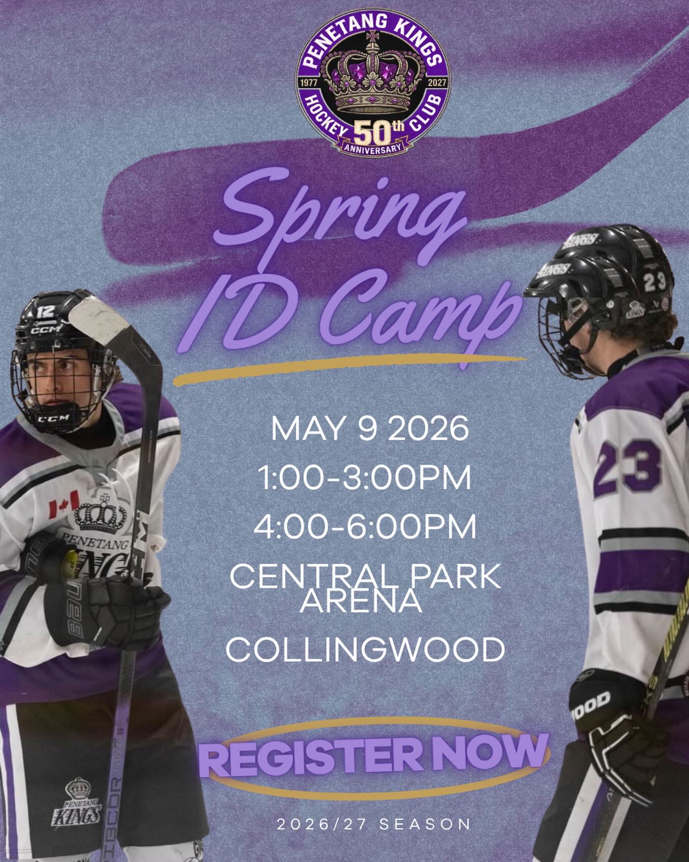 The Penetang Kings are building for a milestone year. As we prepare to celebrate 50 years of Kings hockey in 2026–2027, this is your opportunity to be part of it.

Our Spring ID Camp is where it starts.

With limited spots remaining, this is your chance to compete, be evaluated, and show our coaching staff why you should be a King. 

📌 Open to players born 2005–2010

📅 May 9
⏰ 1:00-3:00pm, 4:00-6:00pm
📍 Central Park Arena, Collingwood
💲 $100

Payment:
E-transfer to Len Lefaive (Treasurer)
lenlefaive@xplornet.ca
(Include player name)

Questions:
Scott Simon – General Manager & Head Coach
scottysimon71@gmail.com
Jake Bernard – Assistant General Manager
jacobbernard088831@gmail.com

Register now before it’s full. Next season starts here.

#penetangkings #pjhl #hometownhockey #gamedaypurple #nextseasonstartshere 50thseason