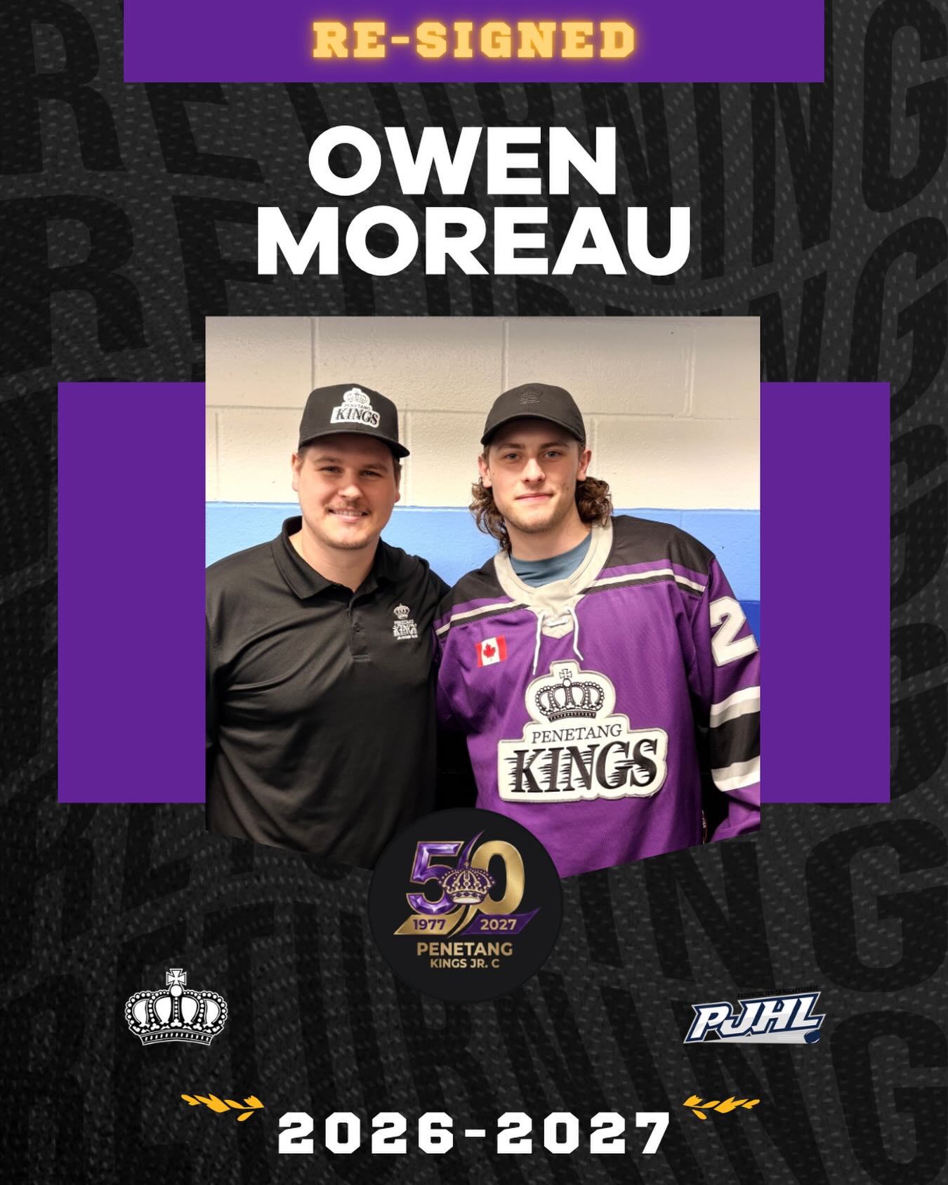RAISED IN THE CASTLE

For Owen Moreau, the Castle has been home ice for a long time. Growing up playing with the Penetang Flames Minor Hockey Association, Owen spent years in this rink before eventually stepping into the crease for the Kings.

Now, he’s back for 2026–2027 and he’s coming off a year that showed just how much he can bring between the pipes.

Owen picked up 12 wins, posted a 2.11 GAA and .940 save percentage, and finished with the third-best save percentage in the PJHL. His play also earned him North Carruthers Division Player of the Month honours along the way.

At the Kings’ 2025–2026 year-end banquet, Owen was named Most Improved Player, recognizing the strides he made and the confidence he continued to build in the crease.

And while there was plenty to remember on the ice, Owen’s favourite part of the year was something a little different.

“The best part of last year for me was the bus trips to and from games. What I’m looking forward to is wearing those new jerseys.”

From his minor hockey days to another year wearing a Kings jersey, Owen’s story in the Castle continues as we head into our 50th season.

Welcome back, Owen!

#penetangkings #pjhl #gamedaypurple #hometownhockey #50thseason