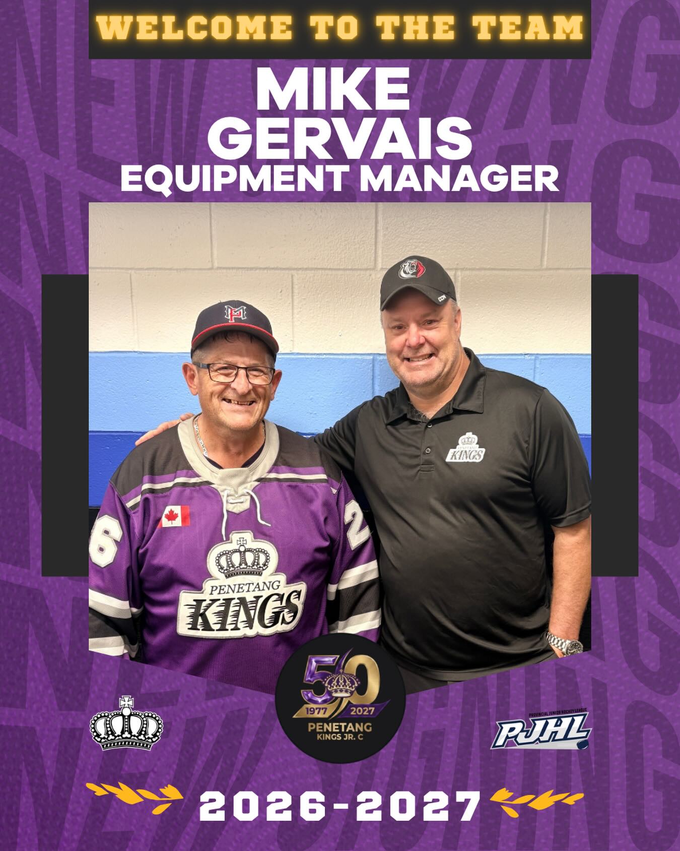 IN HIS ELEMENT

The Penetang Kings are proud to introduce Mike Gervais as our Equipment Manager for the 2026–27 season — and what better day to do it than on his birthday!

After spending many years behind the bench coaching, Mike knew he still had plenty to give to the game.

“I joined mostly because even after coaching forso many years, I felt I still have so much to give back. The organization has welcomed me with open arms, and the way people are treated is refreshing.”

Organized, detail-oriented and always thinking ahead, Mike has already been putting in plenty of work behind the scenes to make sure the room is ready and our players have what they need for an incredible season of hockey.

There’s a lot that goes into a hockey season that fans never see, and we’re fortunate to have Mike taking care of those details as we get ready for our 50th.

Welcome to the Kings, Mike — and Happy Birthday! 

#penetangkings #pjhl #gamedaypurple #gamedayoperations #50thseason
