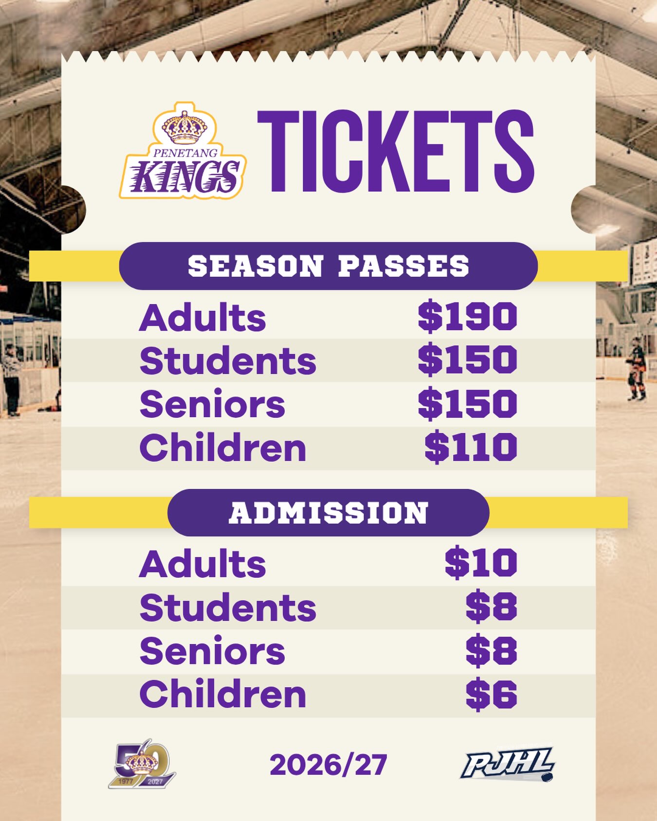 50TH SEASON | TICKETS

The countdown is on.

The Penetang Kings return to The Castle for our 50th season, and we’re ready to fill the stands with purple.

Season passes are available for fans who plan to be with us all season long, with single-game admission available at the door throughout the regular season.

To pre-order your season pass, email Liz Bagnell at liz_n_russ@hotmail.com.

Single-game admission is CASH ONLY at the door.

50 years of Kings hockey. Another season at The Castle starts September 11 at 8PM

#penetangkings #pjhl #hometownhockey #gamedaypurple #50thseason