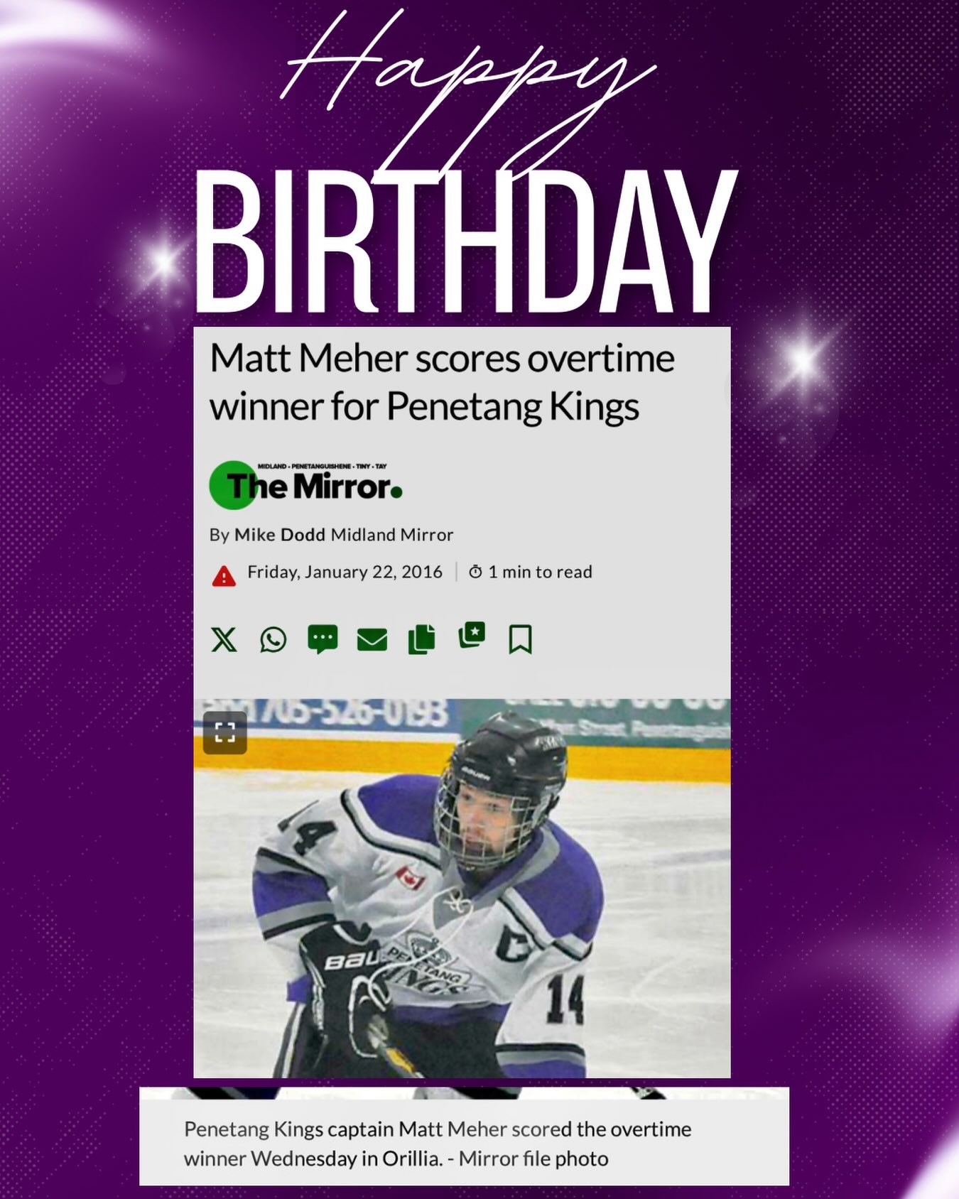 HAPPY BELATED BIRTHDAY, MATT! 

We may be a little late with the birthday wishes, but this throwback was too good not to share.

Wishing Kings alumni and current Assistant Coach Matt Meher a very Happy Belated Birthday!.

Once a King, Always a King 👑

#penetangkings #pjhl #penetangkingsalumni #lifeofaking #50thseason