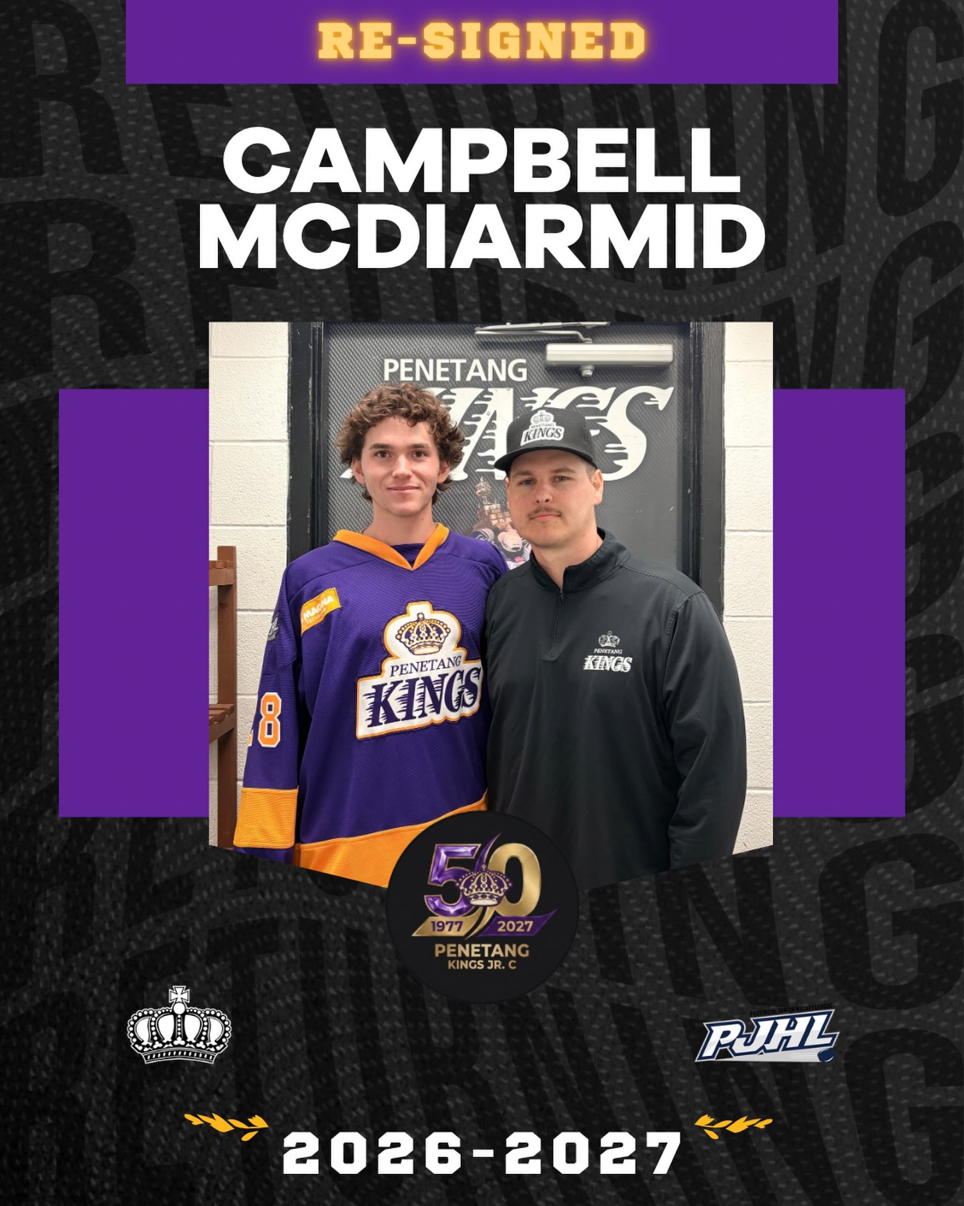 EVERYBODY KNOWS HIS NAME

The Penetang Kings are proud to announce the return of goaltender Campbell “Soupy” McDiarmid for the 2026–27 season.

Reliable, kind and always there for the people around him, Campbell is the kind of teammate who gets along with everyone. Whether it’s in the dressing room, on the bus or walking into another rink, it never takes long for him to find a friend.

So it probably comes as no surprise that when Campbell talks about being a King, it’s the people who stand out. He says the best part is being around a great group of guys, with the bus rides to away games among his favourite memories.

We’re proud to have Campbell back between the pipes and, just as importantly, back as part of this group for our 50th season.

Welcome back, Soupy!

#penetangkings #pjhl #50thseason #gamedaypurple