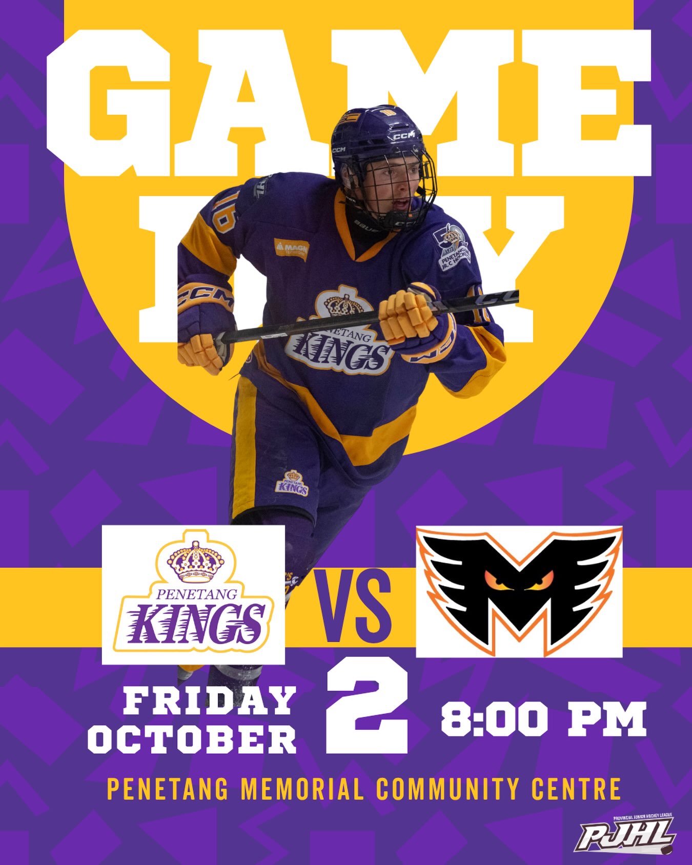 IT’S GAME DAY!

For the first time in the 2026–27 season, the Penetang Kings and Midland Flyers will face off In The Castle.

Two towns. One rivalry.

It’s also Pink at the Rink in support of Breast Cancer Awareness Month!

We’re happy to welcome volunteers from the Georgian Bay Cancer Support Centre, who will be selling their one-of-a-kind pink and purple pumpkins — including some decorated by Kings players! They’ll also have their Pink Sprinkle Cookies available to purchase.

Penetang Kings vs. Midland Flyers
Penetang Memorial Community Centre
8:00 PM puck drop

A reminder for tonight:
• A cash bar will be open upstairs in the lounge.

#PenetangKings #PJHL #50thSeason #PinkAtTheRink #gamedaypurple