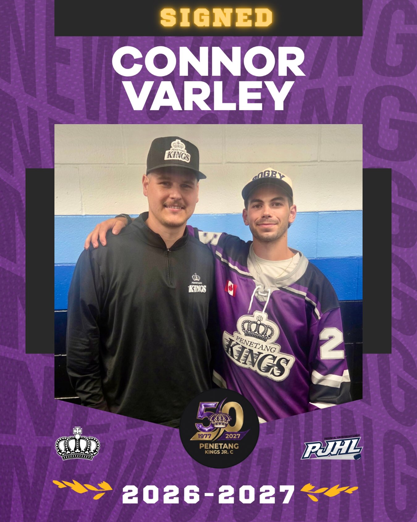 THE RETURN 

The Penetang Kings are proud to announce the signing of forward Connor Varley for the 2026–27 season.

After spending time with the New Hamburg Firebirds, Connor is making his way back to Penetang and joining the Kings for their 50th season.

“I wanted to come back and be a King because this is where I first started in Junior hockey.”

Sometimes the next chapter takes you right back to the beginning.

Back in Penetang. Back in The Castle. Welcome home, Connor!

#PenetangKings #PJHL #50thseason #gamedaypurple
