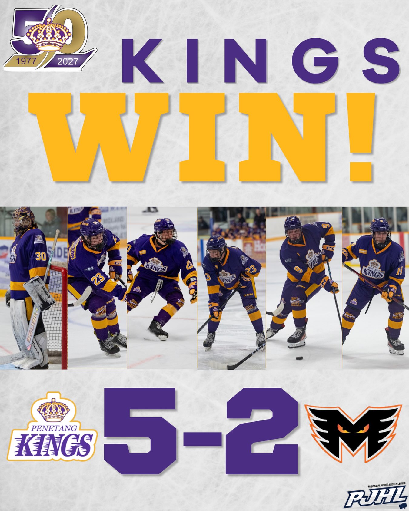 KINGS WIN 

A 5–2 final in The Castle.

#PenetangKings #pjhl #gamedaypurple #50thseason